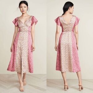 🔥🔥🔥NEW Cinq à Sept Jessica Floral Print Satin Midi Dress with Flutter Sleeves